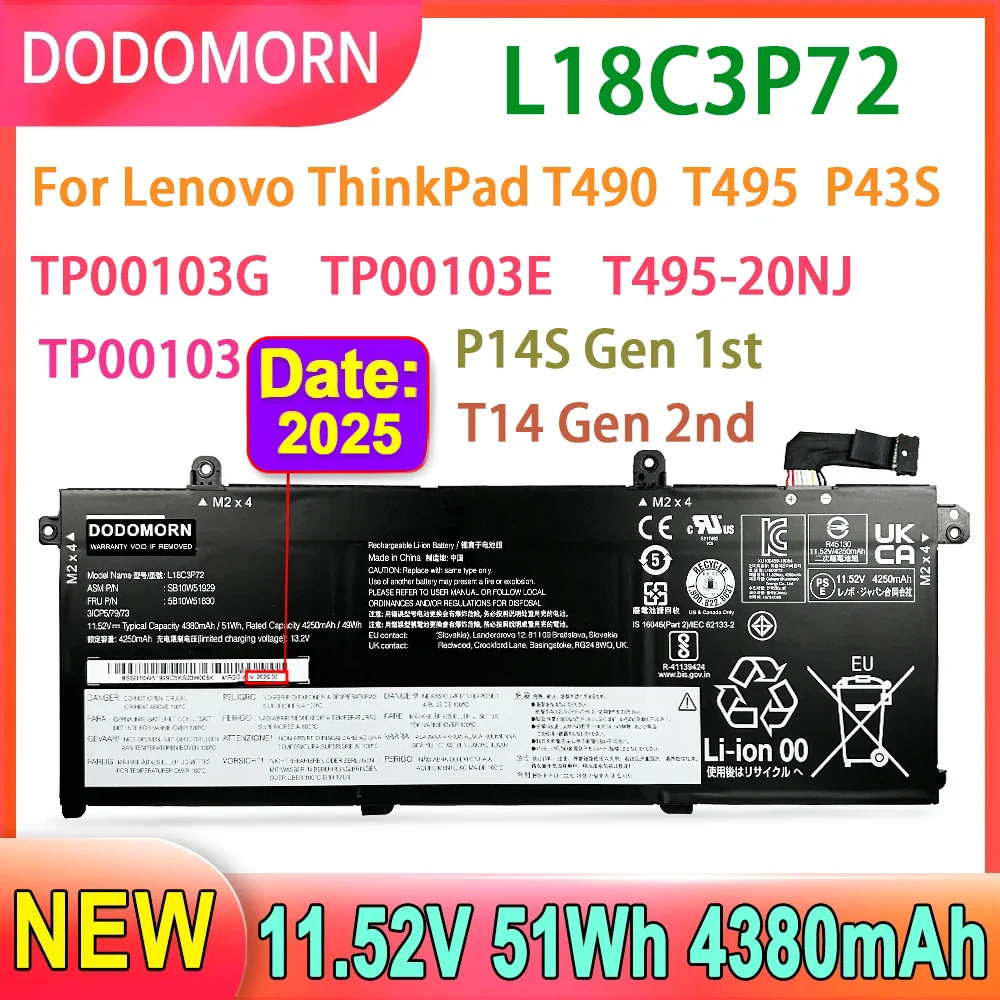 DODOMORN-Batterie Laquée Wh pour Ordinateur Portable Lenovo ThinkPad, Modèles T490, T495, P43S, TP00103, L18C3P71, L18M3P73, SB10T8702DLHouse 5B10W13877, L18C3P72