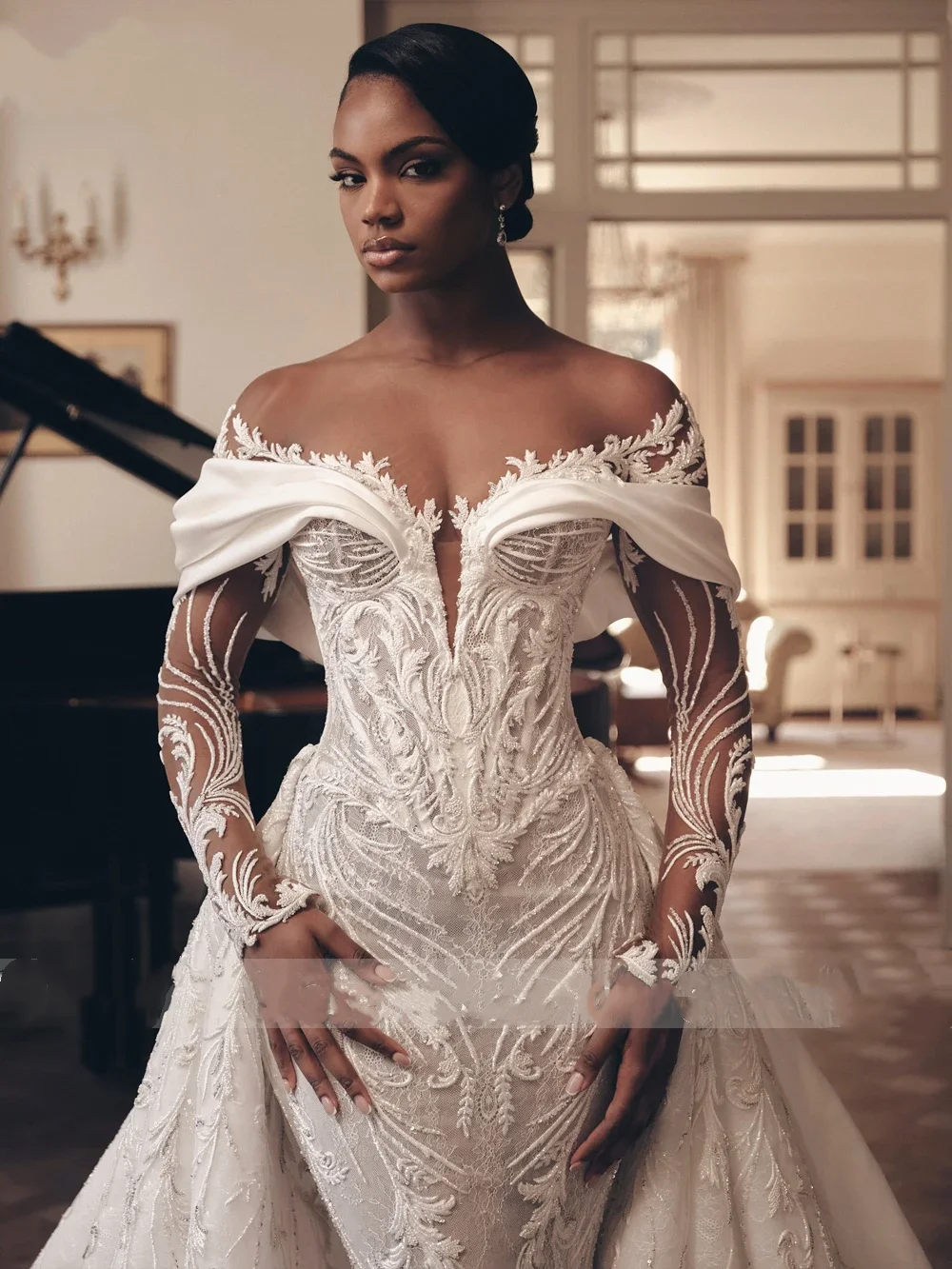 فاخر الدانتيل 2 في 1 حورية البحر فستان الزفاف الديكور التطريز الوهم الرقبة البوق زي العرائس مخصص Vestido de novia #4