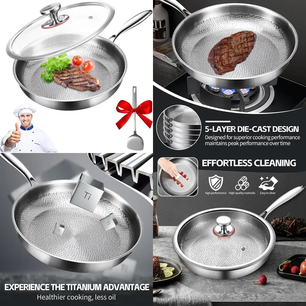

Titanium and Stainless Steel Multifunctional Pro Cookware Set, 10.23 Hammered Pan with Lid, Scratch-Resistant Pots and Pans for
