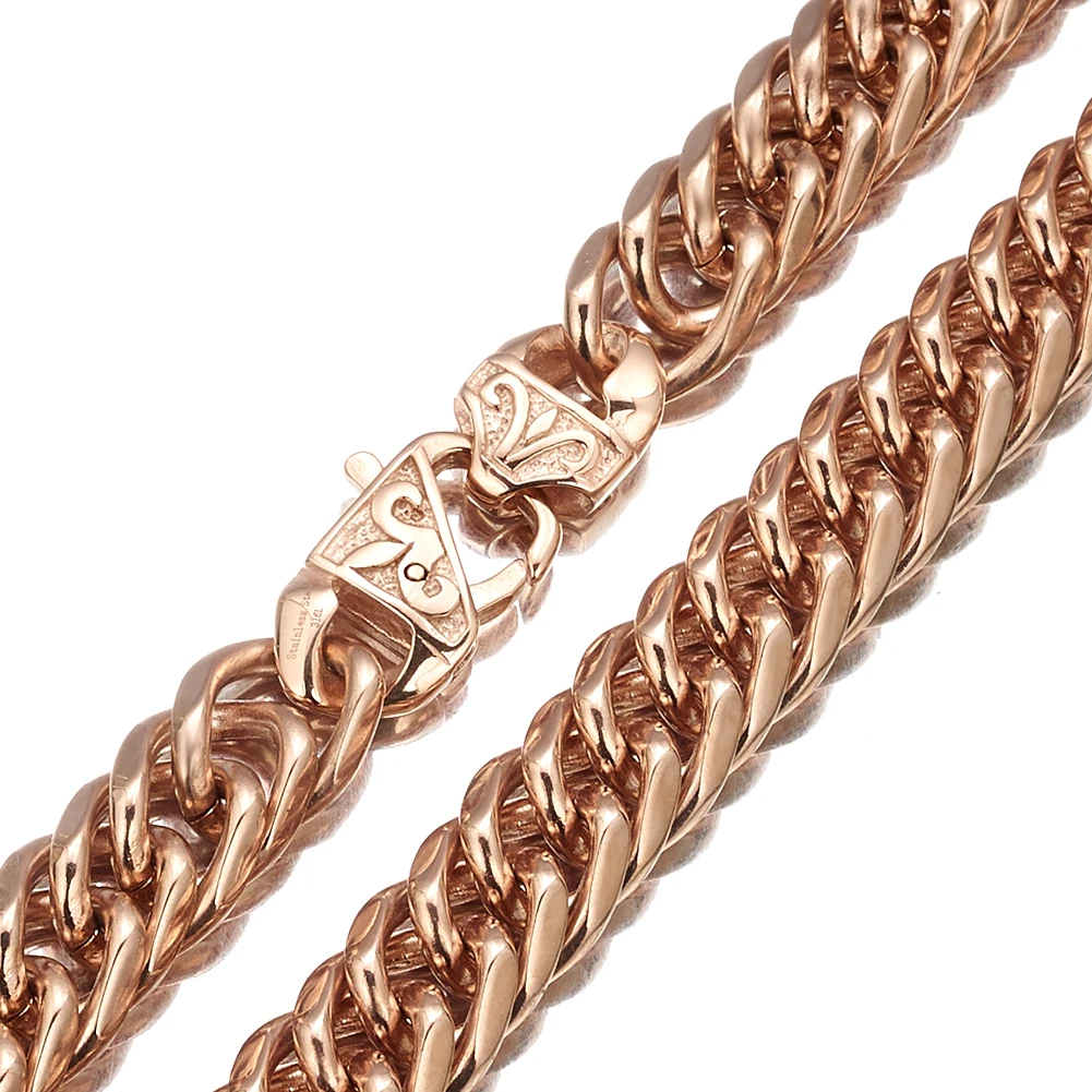 Rose Gold Color 316L Stainless Steel 13/16mm Wide Curb Cuban Link Chain Necklace for Men Women Fashion Jewelry 7-40inch