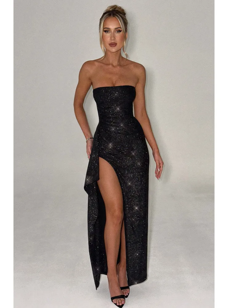 Articat Elegant Strapless Bodycon High Slit Evening Gown Women Sexy Sleeveless Backless Tight Long Dress Slim Party Club Vestido
