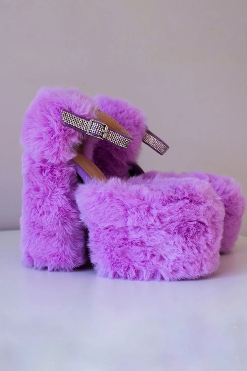 

Vibrant Purple Faux Fur Platform Sandals Soft Fluffy Textured Chunky Block Heel Crystal-Embellished Ankle Strap Playful Design