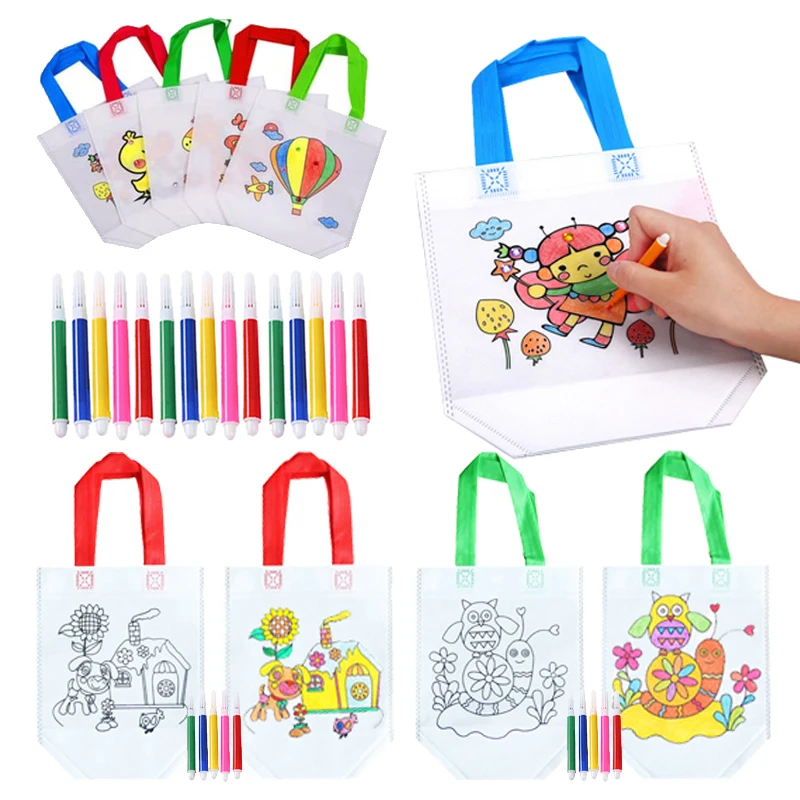 5pcs Children Graffiti Bags with Markers Cartoon Color Painting Non Woven Environmentally Friendly Bags Puzzle Drawing Toys TMZ