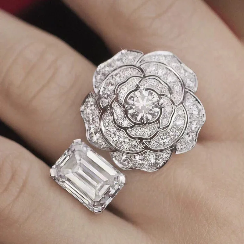 

New Luxury Designer 925 Sterling Silver Ring Hollow Out Rose Camellia Flower Micro Zircon High Quality Brand Women Party Jewelry