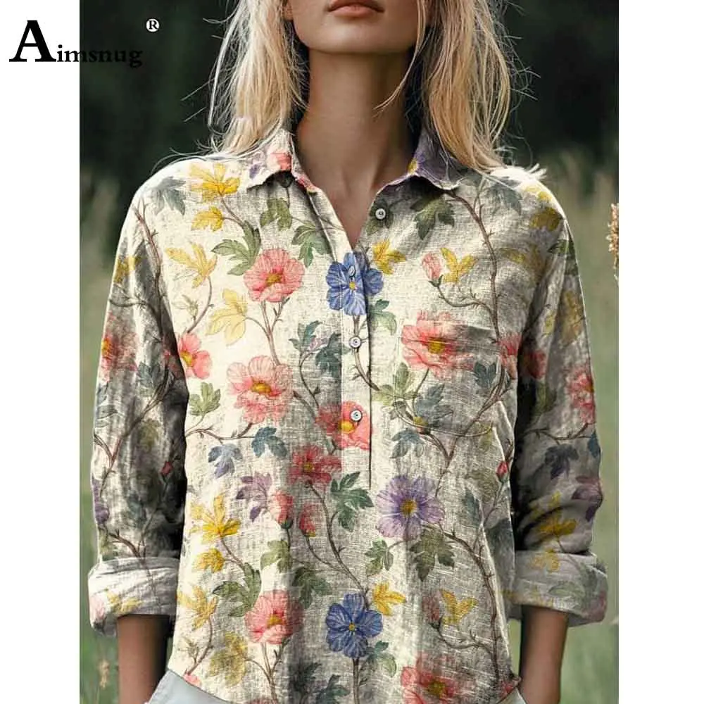 European Style 2025 Womens Long Sleeve Basic Shirts New Casual Beach Tops Blouse Women Boho Flower Print shirt blusas femmes