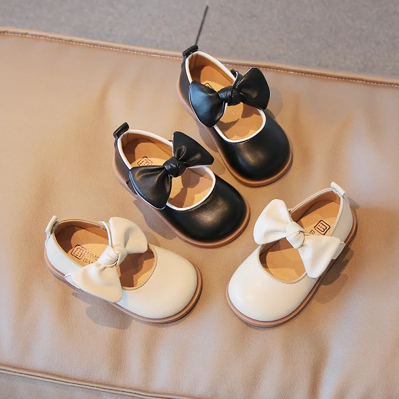 2026 Children Leather Shoes with Bow-knot Round-toe Solid Color Soft Kids Casual Shoes Sweet Princess Girls Flats Leather Shoes