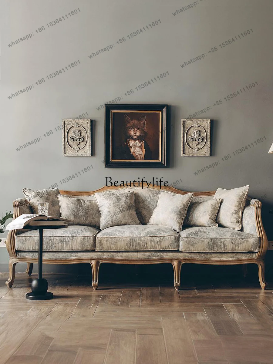 

12All Solid Wood Sofa American Antique Oak Small Apartment Living Room Fabric Large Sofa