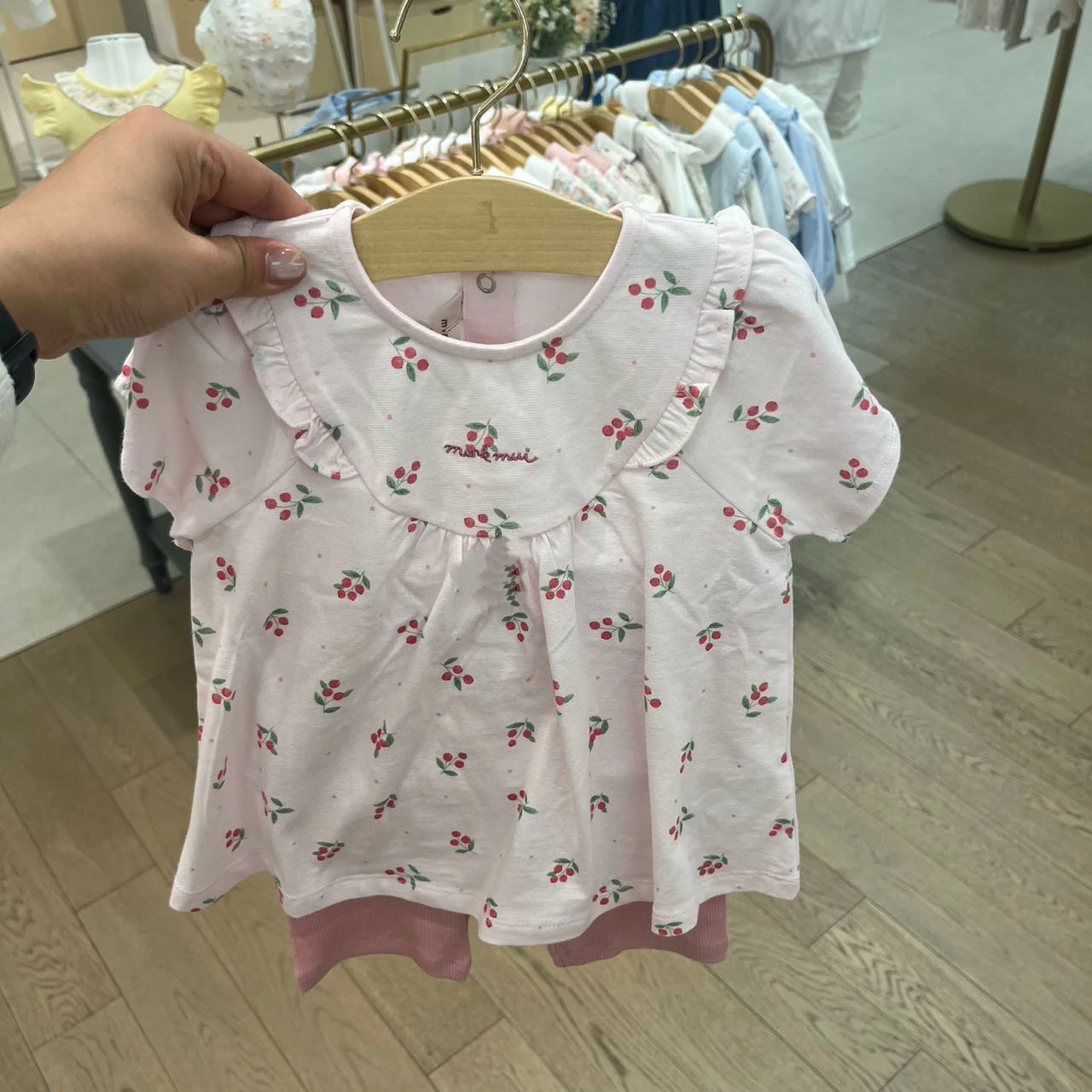 Cute Cherry Collar Bubble Sleeve Baby Girl Outfit Summer New Style Korean Version Kids Clothing Set Warm Floral Patterned