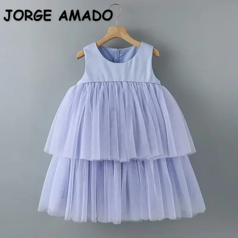 

New Summer Kids Girls Party Dress Princess Birthday Sleeveless Round Collar Cake Sweet Dresses Children Sweet Clothes E0702