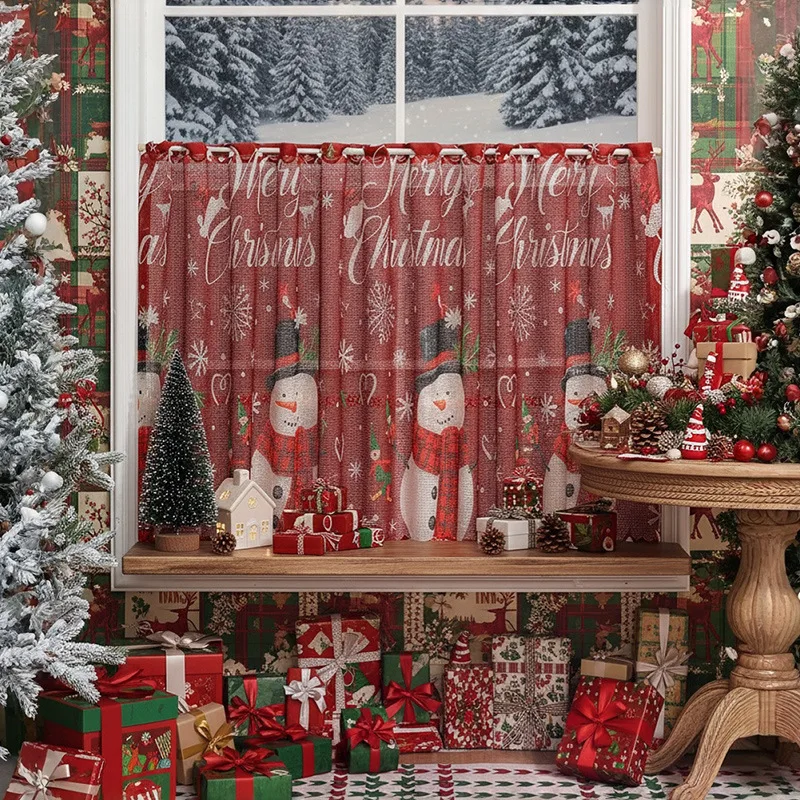 Vintage American Christmas Print Cafe Curtain Lace Trim Blackout Short Curtain Kitchen Door Rod Pocket Half Window Holiday Decor