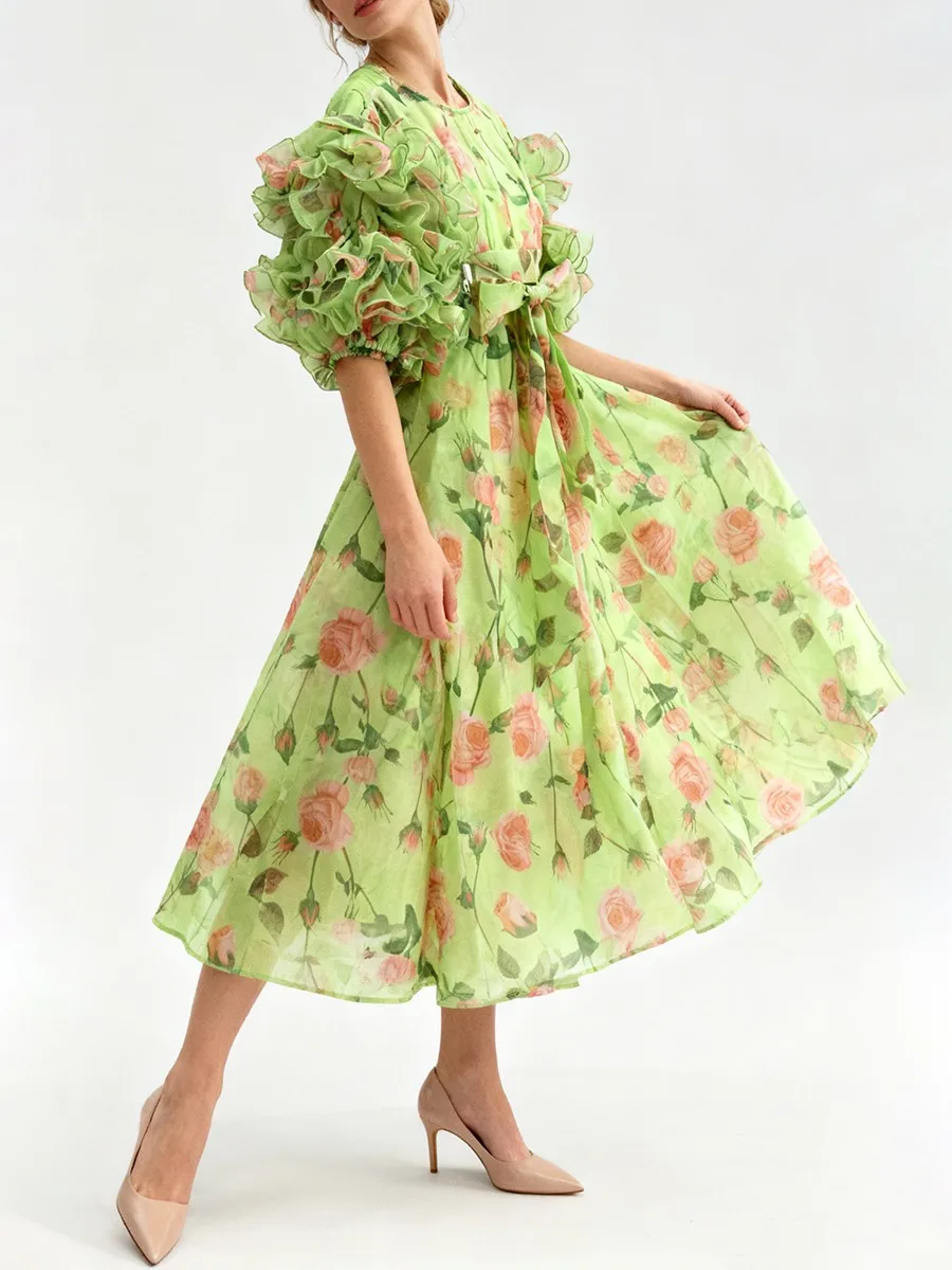TWOTWINSTYLE Printing Spliced Fungus Folds Elegant Dresses for Women Round Neck Half Sleeves Patchwork Lace Up Dress Female New