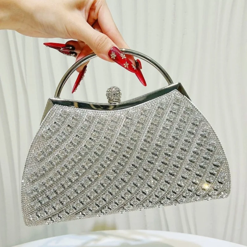 Gold Crystal Diamond Evening Clutch Luxury Metal Round Top Handle Purse Wedding Formal Cocktail Party Bag with Detachable Chain
