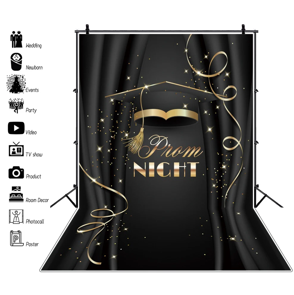 Congratulazioni 2024 sfondo festa di laurea Decor Poster berretto da scapolo palloncino d'oro pois sfondo fotografico nero