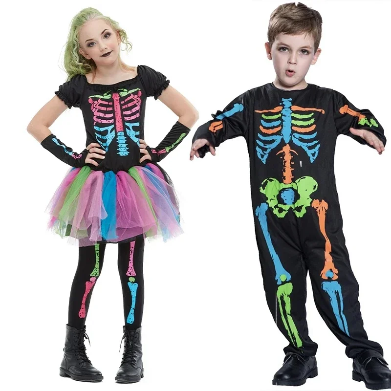 Disfraz de Halloween de niña esqueleto arcoíris, disfraz de niño calavera colorido, atuendo de cosplay de hueso funky punky para niños pequeños, disfraz de carnaval elegante Cl Ftht6