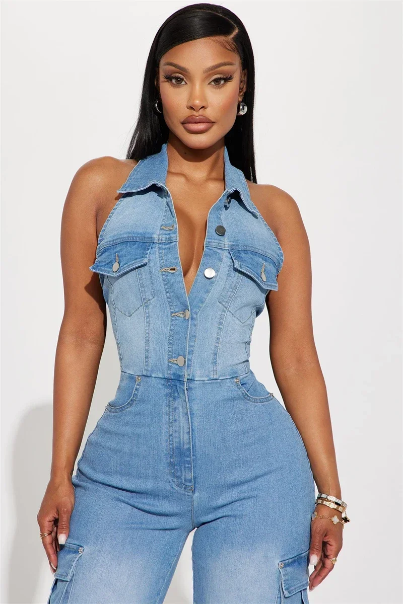 Streetwear Jean Jumpsuit Summer Clothes Women 2025 Sleeveless Backless Halter Denim Rompers Playsuits One Pieces Overalls Outfit