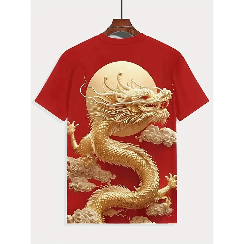 Chinese New Year Popular Patterns T-shirt For Men Short Sleeve Red T Shirts Snake Dragon Graphic Print 2025 Fashion Trendy Tee
