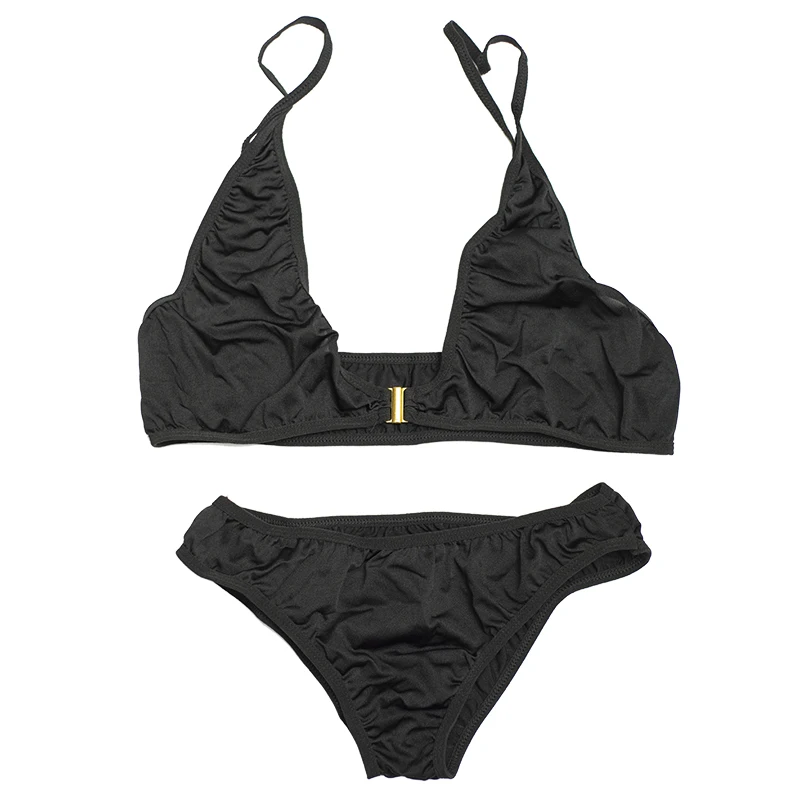 Solid-colored gold buckle sexy bikini split swimsuit set beach vacation swimsuit high-waisted swim pants (thin fabric) view 2