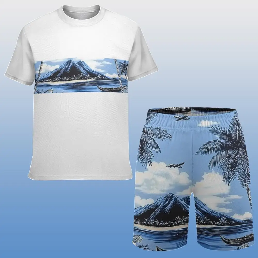 Palm Tree Print Men's Short-Sleeved Shorts Set Miami Vacation Style T-Shirt Shorts Seaside Surfing Sports Beach Two-Piece Suit