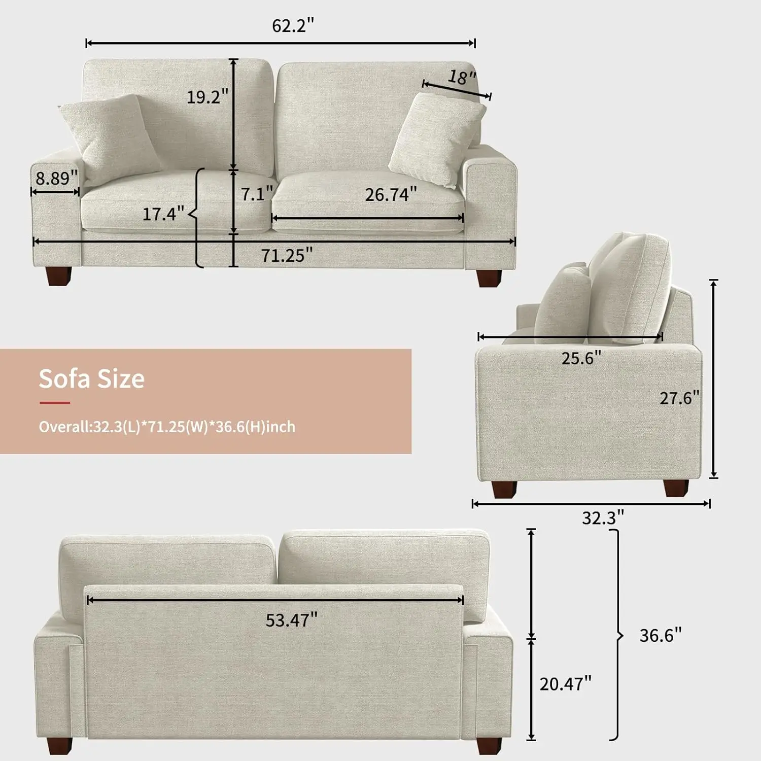 71.25 Inch Chenille Loveseat Sofa Beige Modern Living Room Couch Removable Washable Cover Pocket Spring Cushions Solid Wood Fram