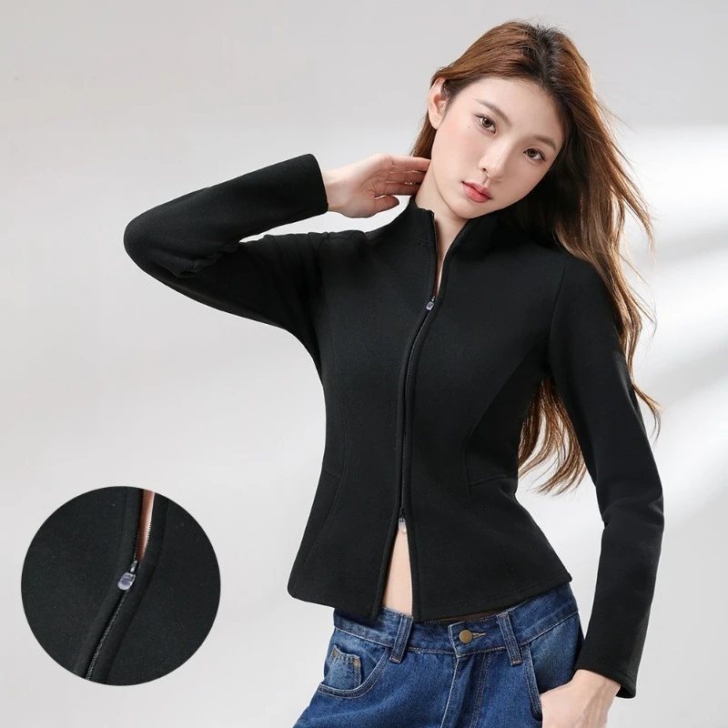 Jacket for Women Warm Windproof Stand-up Collar Zip Up Fleece Hooded Sports Jacket High Stretch Sporty Slim-Fit Thickened Coat