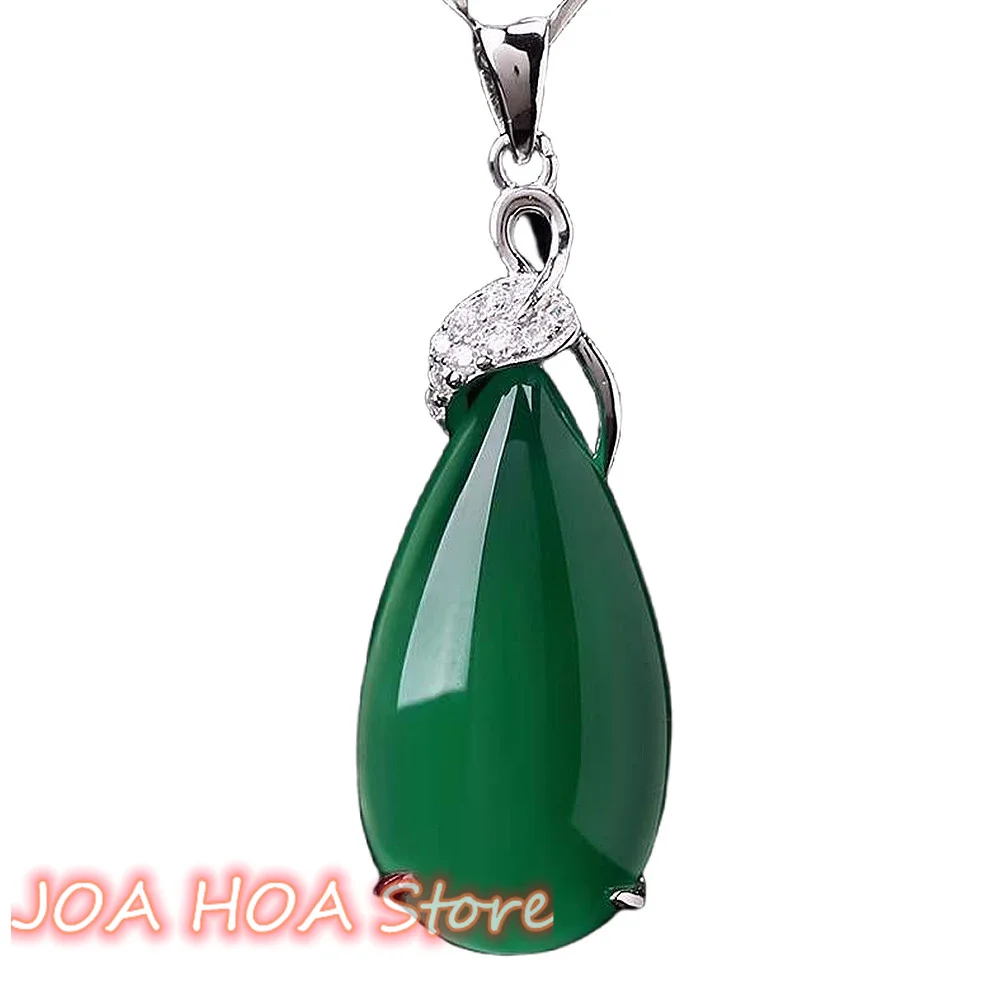 

S925 Sterling Silver Inlaid Top Quality Chrysoprase Pendant Natural Agate Drop Noble Jade Necklace Chain Fine Jewelry