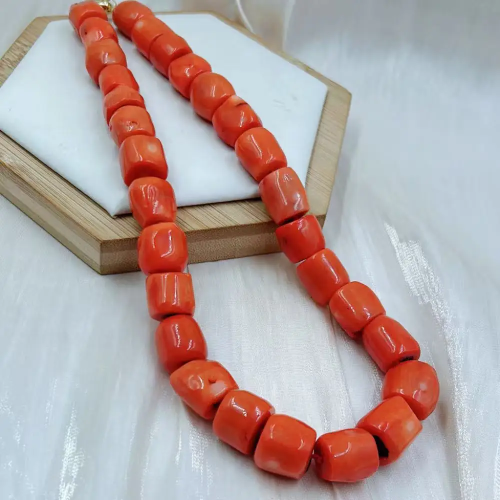 12-14mm Africa Style  Drum Rondelle Natural Sea Bamboo Women Jewelry Gift Short Collar Big Orange Coral Necklace 17-20inch