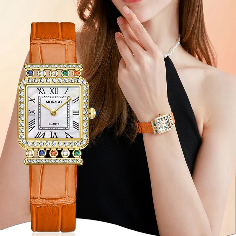 2026 Luxury Crystal Ladies Watch High-End Diamond Bracelet Leather Strap Square Roman Dial Female Timepiece Jewelry Watch