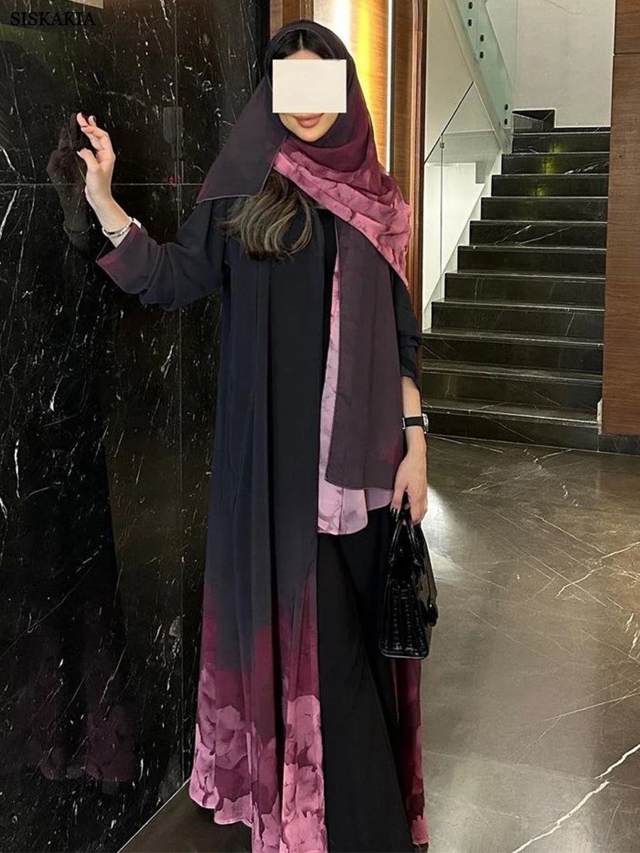 Siskakia Fashion Chiffon Muslim Woman Open Abaya Long Sleeve Long Dress Casual Loose Muslim Woman Dubai Moroccan Kimono Clothing