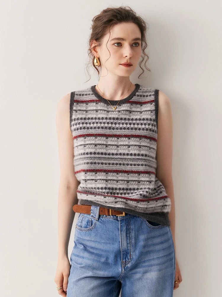 

Женский пуловер без рукавов из 100% кашемира с круглым вырезом, свитер, толстый теплый трикотаж, жилет для весенне-осенних топов