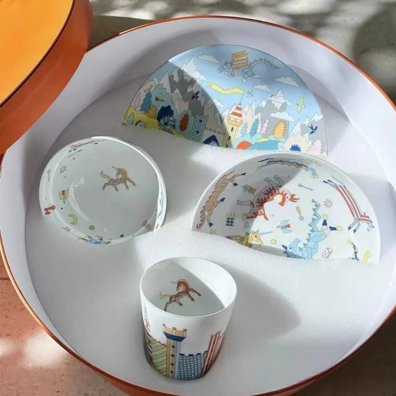 Cartoon Kids Tableware Set 4 Pcs On-Glazed Rice Bowl Plate Cup Creative Children Dinnerware