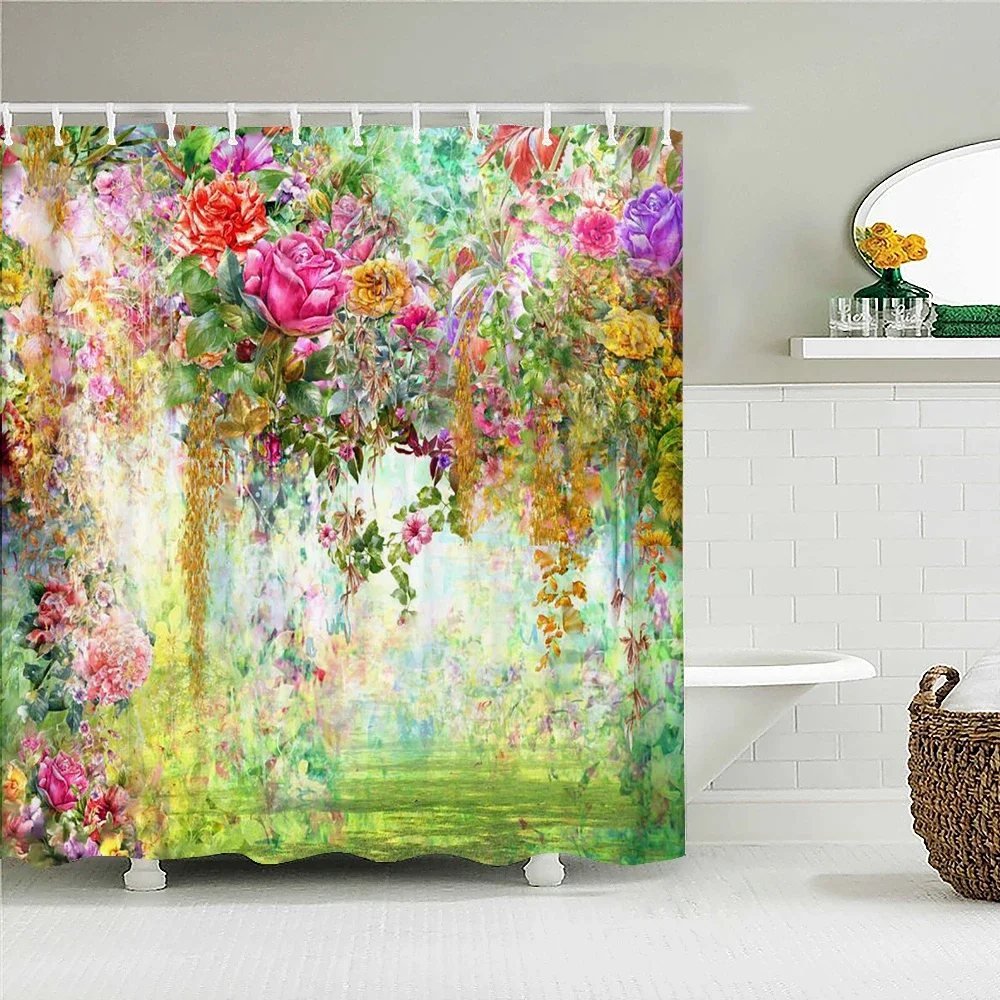 Retro Romantic Blooming Flowers Shower Curtain Bathroom s Waterproof Polyester Bath  with Hooks  