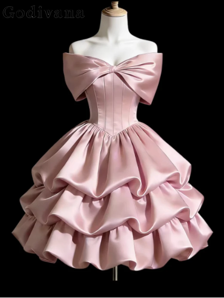 

Sweet Pink Bow Slash Neck Sexy Elegant Princess Strapless Evening Dress New Fashion Cute Girl Party Banquet Cake Short Dresses