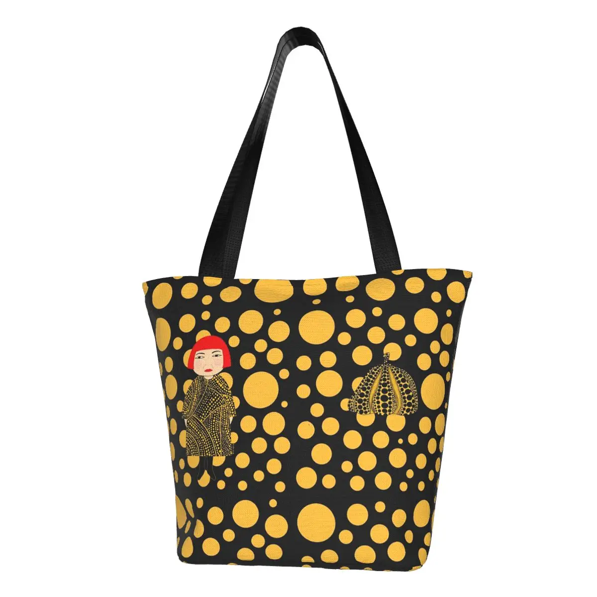 Custom Yellow Dots Yayoi Kusama Pumpkin Groceries Shopping Bag Funny Canvas Shopper Shoulder Tote Bag Large Capacity Handbag