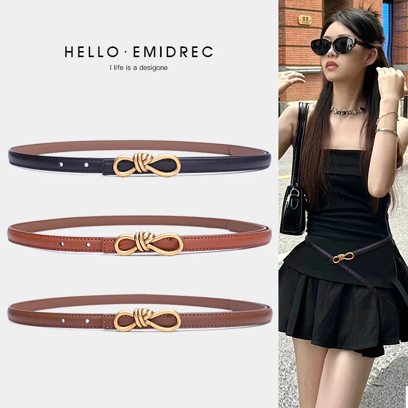 Ceinture en cuir véritable simple pour femme, nœud doré, ceinture skinny pour robes, corset pour jean, ceinture fine pour femme, mode