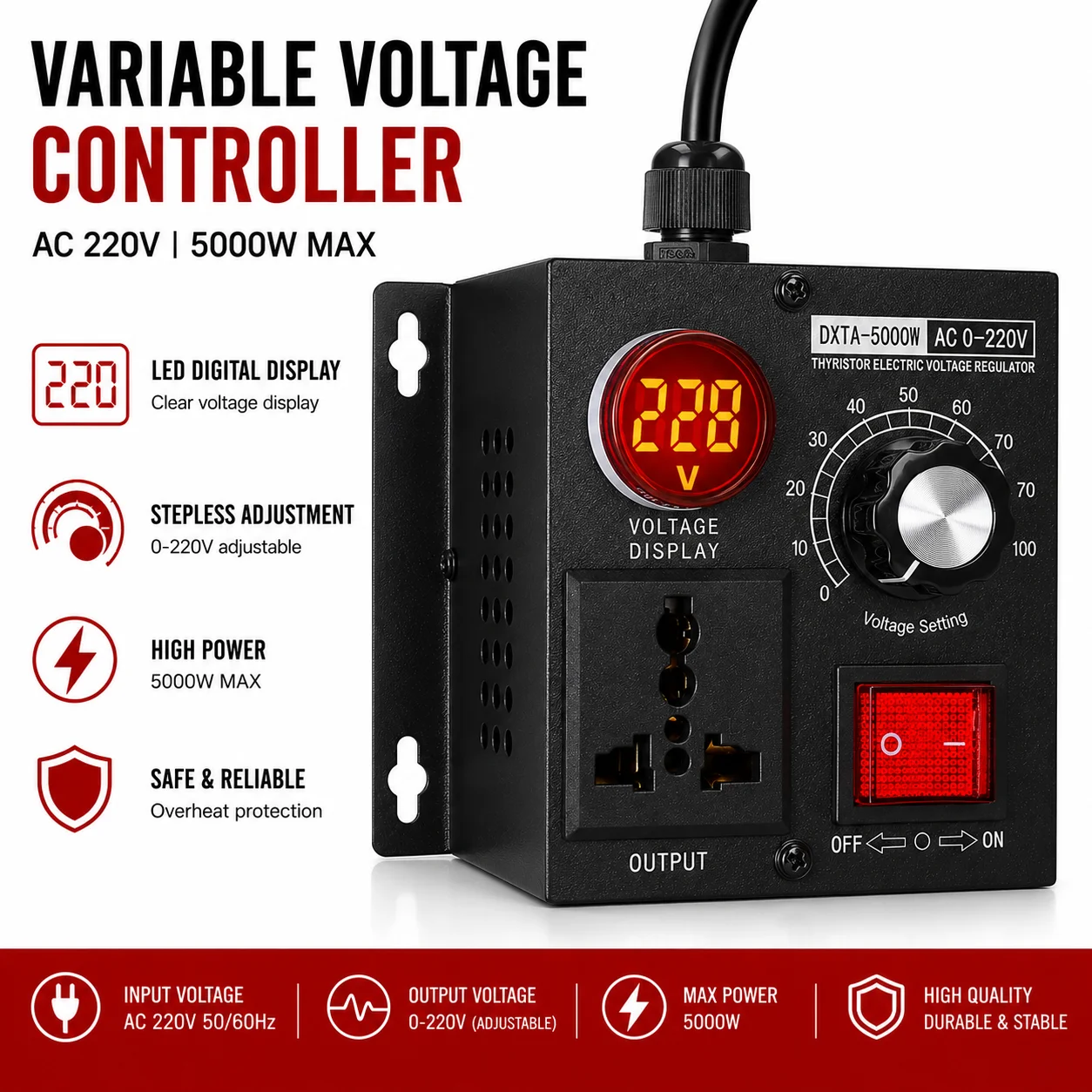 Portable Variable Monophase Voltage Controller Temperature Speed Light Adjuster AC220V 5000W Stepless Voltage Regulator
