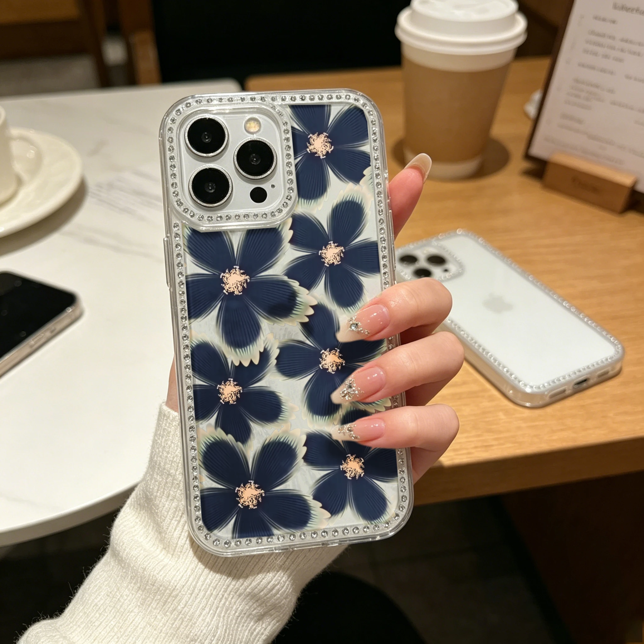 Clear Bling Rhinestone TPU Phone Case  Elegant Floral, Navy Blue Flowers With Rhinestone Accents And Pearl Border Design  Shockproof Slim Protective Cover for iPhone 12-16 All Models view 3