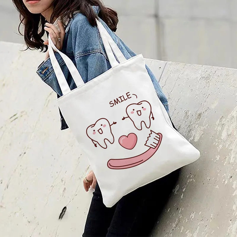 Funny Teeth and Dentist Ladies Tote Casual Fashion Canvas Shoulder Bag Eco Large Capacity Portable Travel Shopping Bag Schoolbag