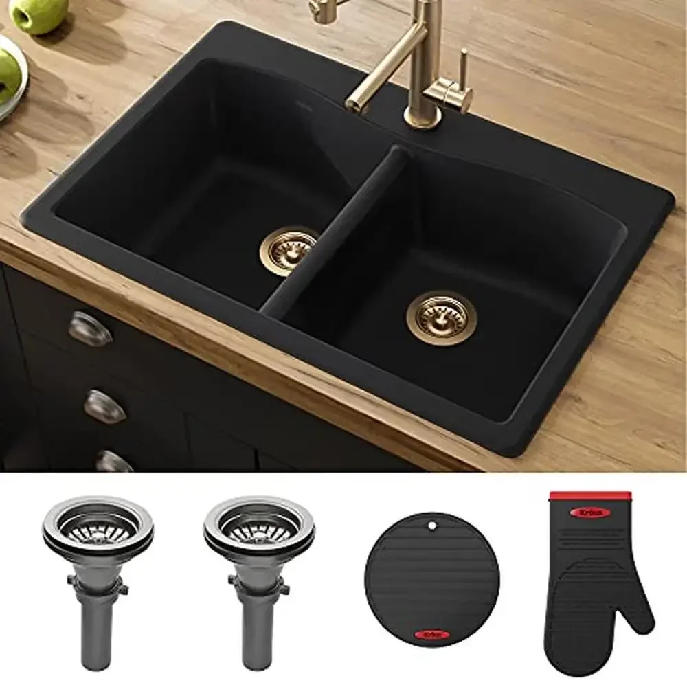Pia de cozinha de granito com montagem dupla 50/50, 33 polegadas, resistente ao impacto, sem arranhões, design elegante, versátil, conveniente, fácil de usar