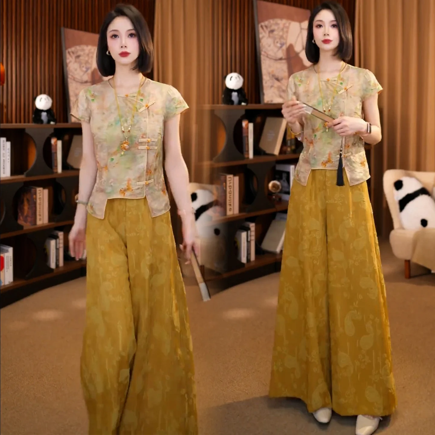 New Chinese Style Fashion Set Women Summer New Trendy Slimming National Style Button Short Sleeve Shirt Wide Leg Pants Two Pi...