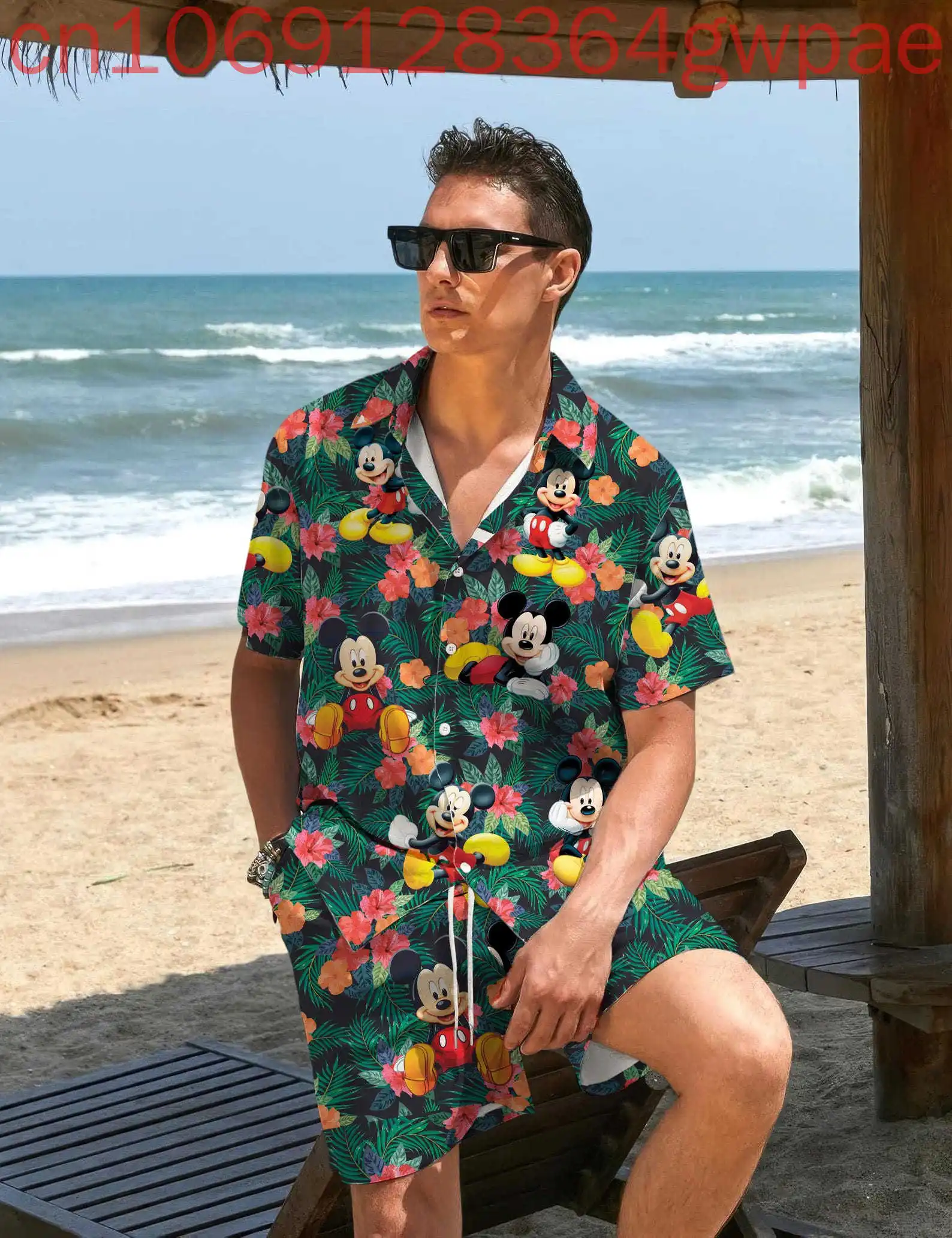 

Дисней Микки, тропическая гавайская рубашка и пляжные шорты, мужская и женская летняя повседневная рубашка с короткими рукавами для отдыха, комплект с шортами