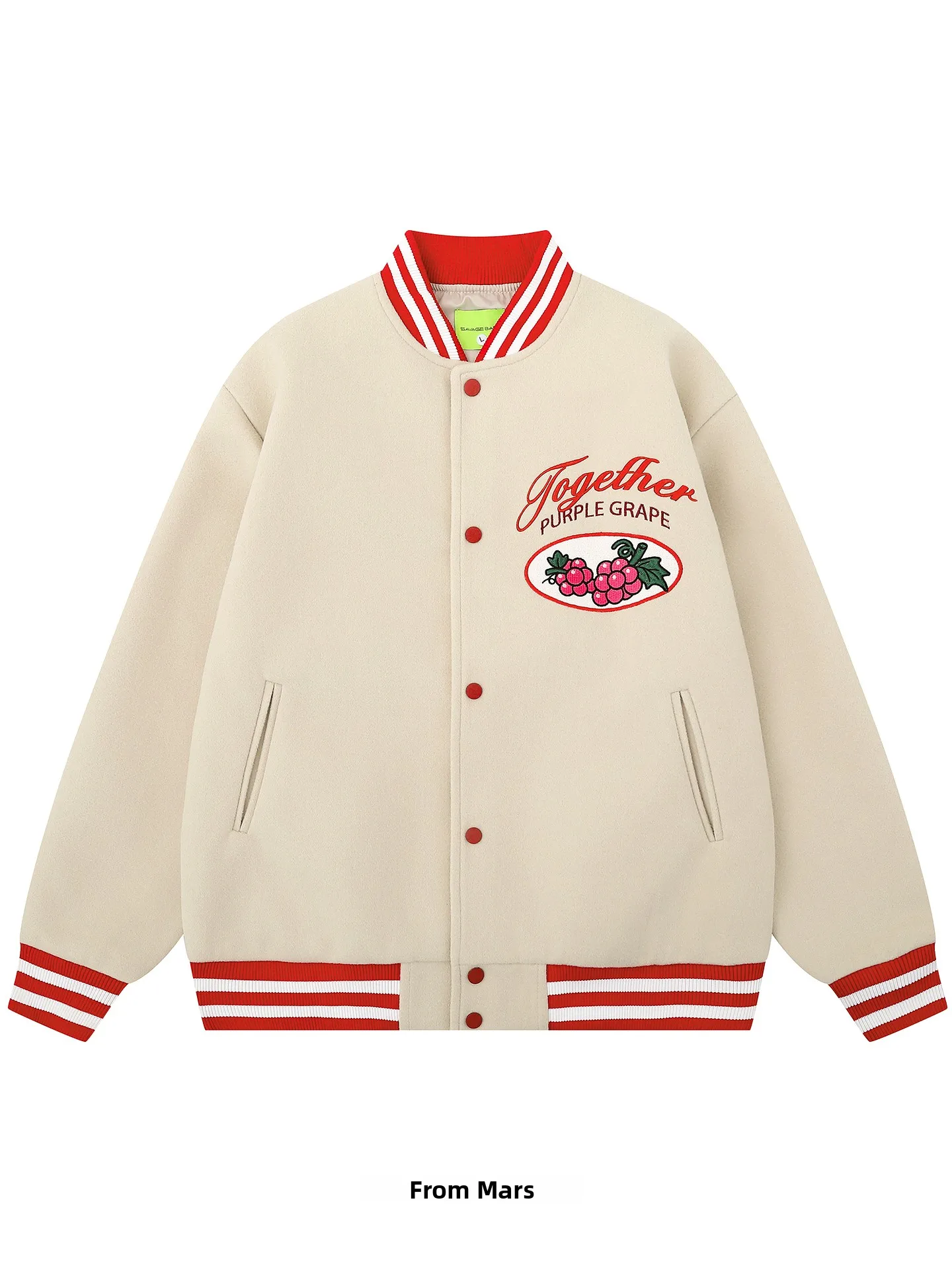 

Бейсбольная куртка свободного кроя с вышивкой фруктов и пэчворком из полиэстера для молодежи в уличном стиле, осень-зима