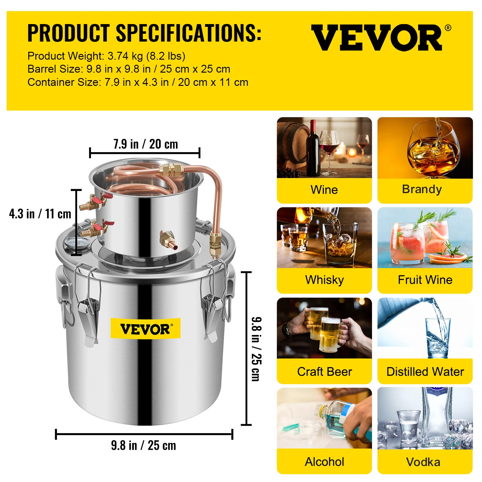 SucceBuy 3 5 8 Gal Distilleerder Moonshine Alcohol Brouwen Water Wijn Essentiële Olie Brouwen Kit Roestvrij Koper met Pomp voor Thuis DIY