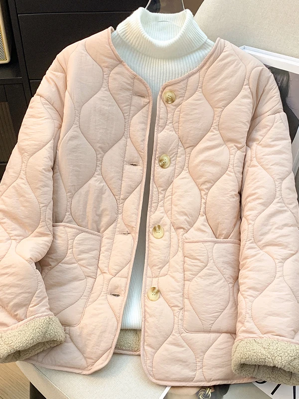 Różowy płaszcz damski z aksamitu jagnięcego, ocieplany bawełną, z okrągłym dekoltem, z wewnętrznym wykończeniem z futra jagnięcego, bawełniany płaszcz wierzchni, retro, długi płaszcz z rękawami.