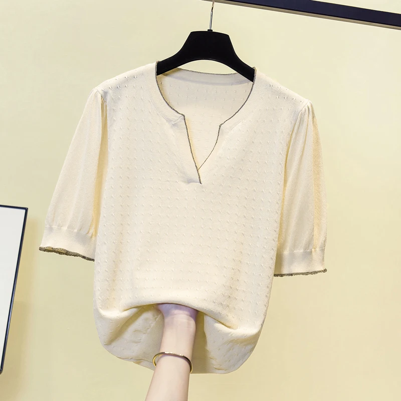 2023 Summer Short Sleeve Hollow Knit Sweater Women Color-blocked V-neck Pullover Tops Casual Loose Fashion Basic Korean Knitwear