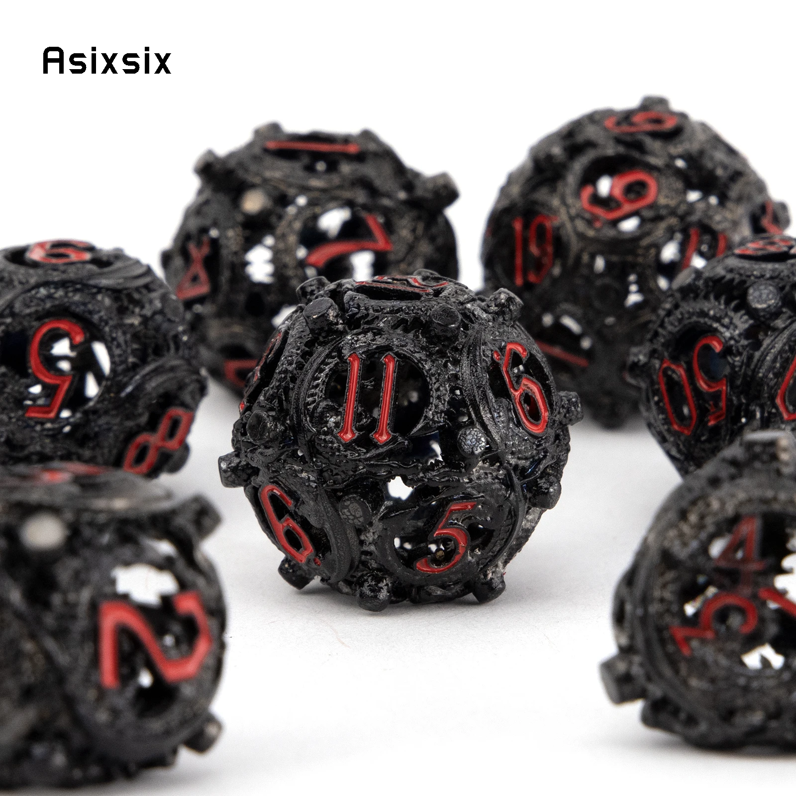 7 قطعة أسود أحمر دائري التنين نرد معدني جوفاء معدنية نرد متعدد السطوح مجموعة مناسبة للعب الأدوار RPG مجلس لعبة ببطاقات الألعاب #4