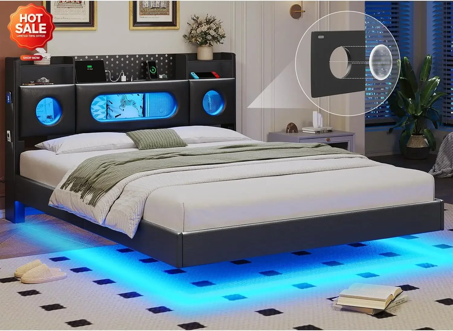 Floating Bed Frame Queen,Queen Bed Frame with Headboard & LED Lights | Bed Frame Queen with Charging Station,Leather Metal Platf