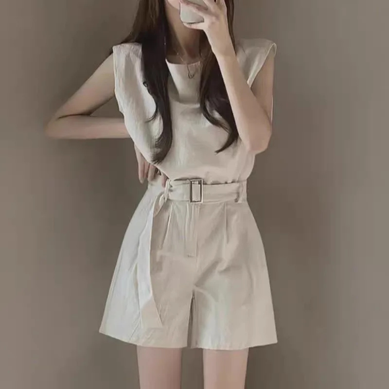 Chic Retro Faion Cotton Linen Svel Vest Top Loose orts Two Piece Set Women's round Ne Pullover Summer Outfit