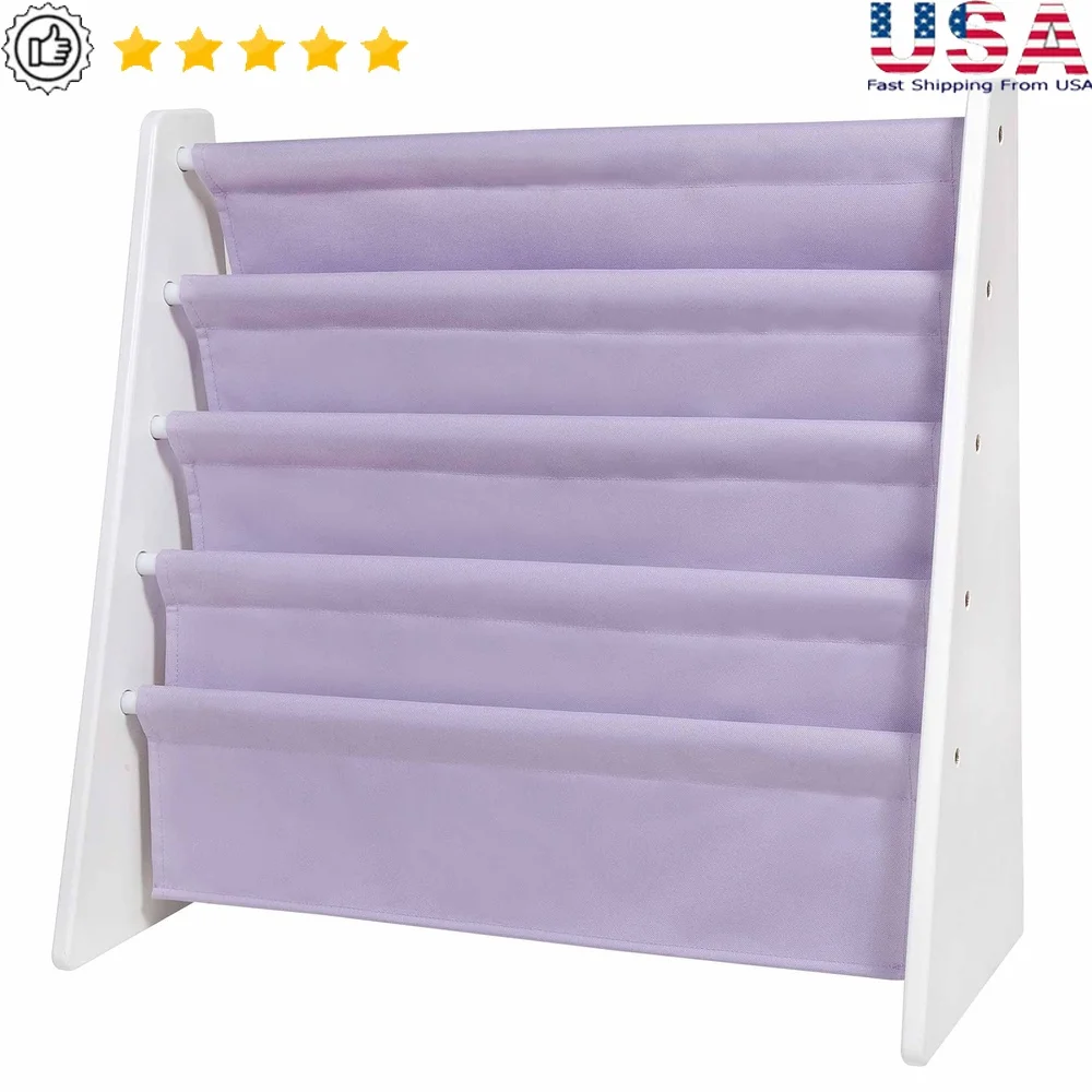 

Kids Sling Book Shelf Wood Bookrack with Fabric Pockets Easy Organization Encourages Reading Ideal Children Ages 3 to 10