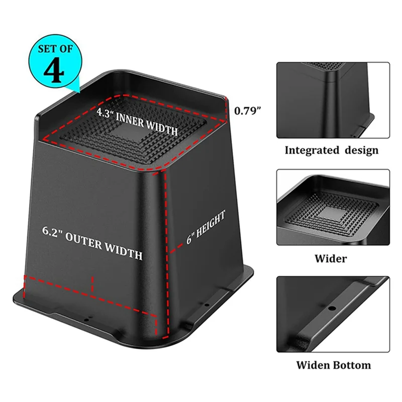 ETRT 6Inch Bed Risers Height Trapezoidal L Shape Half Top Spikes Bottom Rubber Strip King Bed Riser 4 Piece Furniture Riser