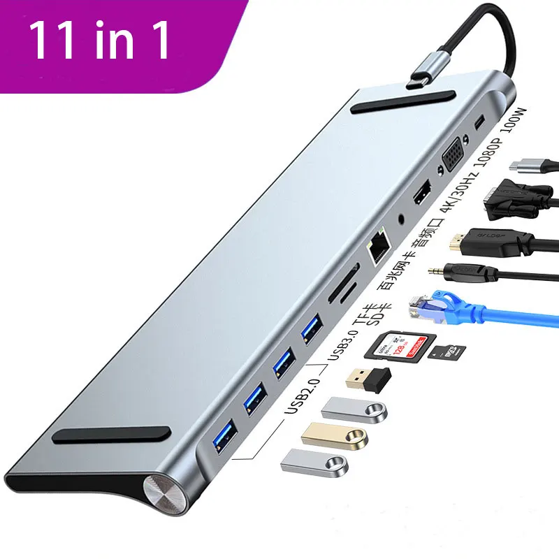 SALE Macbook Docking Station 11 In 1 Hub Adapter Type-C Om Vga USB3.0 4KHD 100WPD 100Mbps Rj45 audio Voor Matebook Laptop Splitt